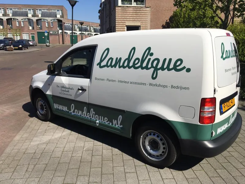 Witte bestelauto met groene belettering, website en groene onderrand