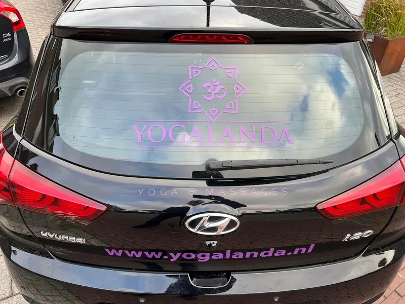 Zwarte hatchback van achteren met paarse logo-sticker op de achterruit en website
